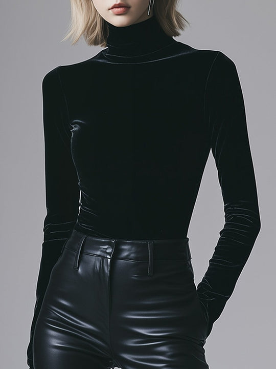 Black Vintage Velvet Turtleneck Shirt