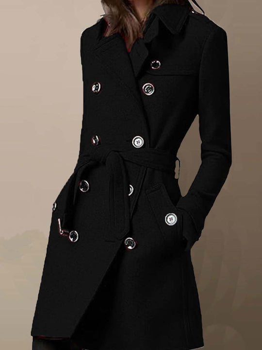 Women's Waist Tie Double-Breasted Wool Coat