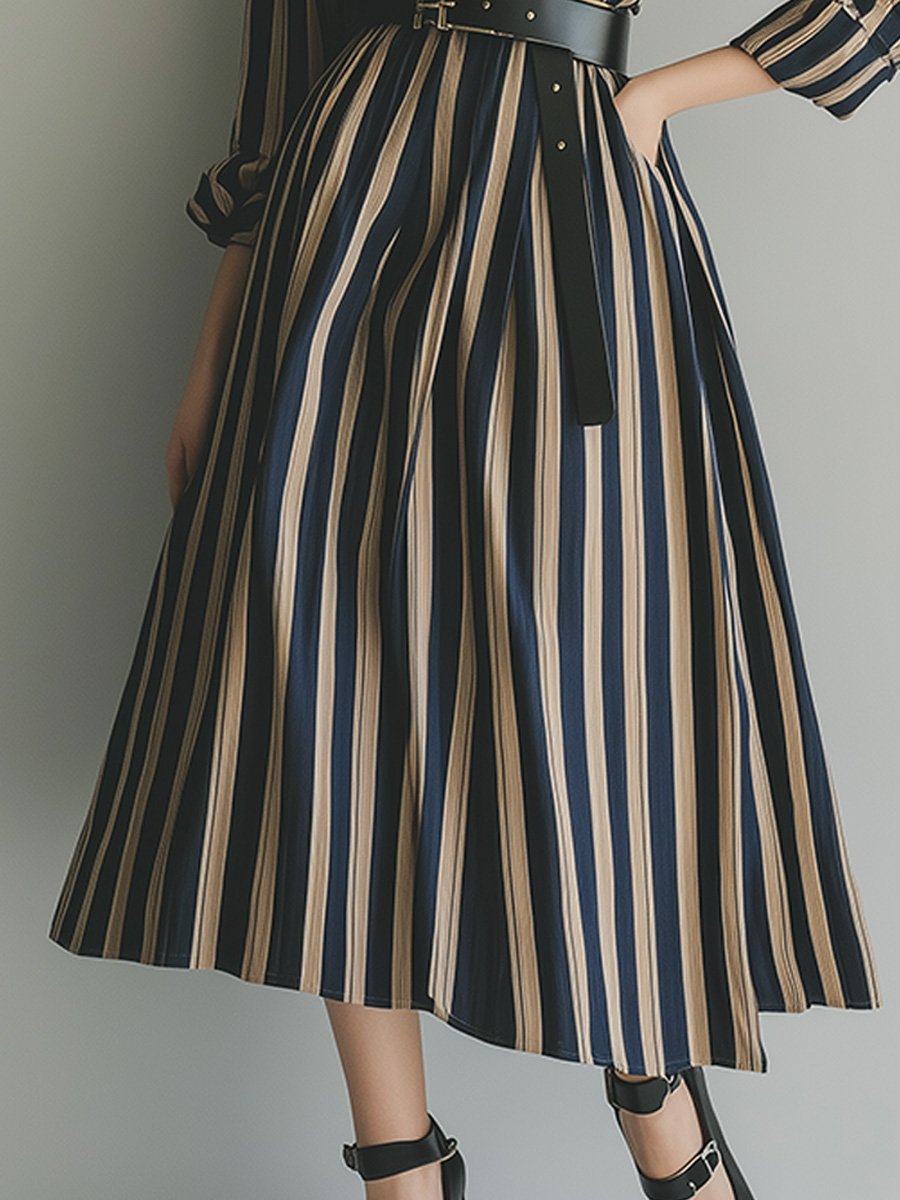 Fashion Striped Waist Long Sleeve Maxi Dress