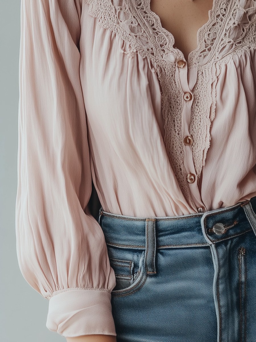 Vintage-Inspired Blush Pink with Delicate Lace Details Blouse