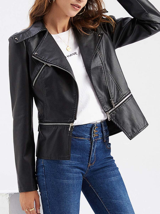 Women's Casual Leather Jacket With Detachable Hem