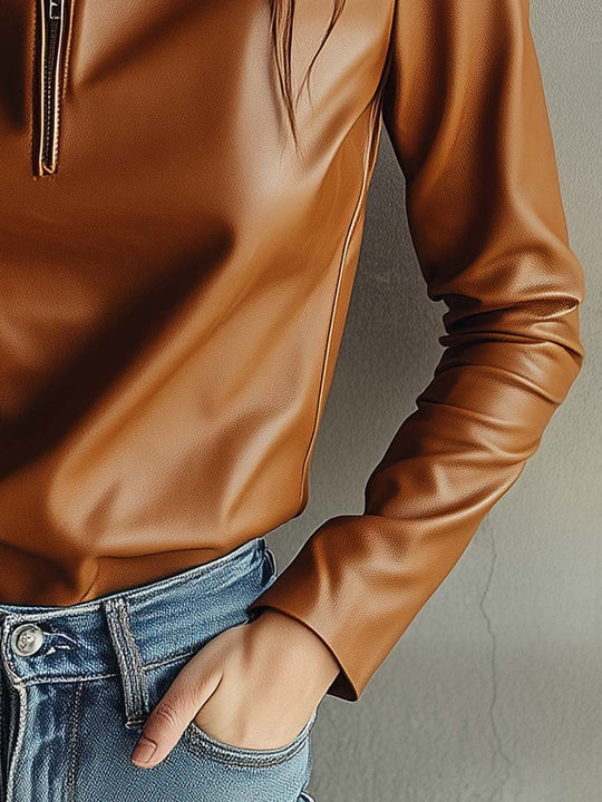 Women's Vintage Stand Collar Zipper Loose Leather T-shirt