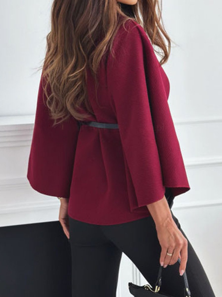 Solid Color Fashionable Casual Waist-binding Woolen Cape Coat