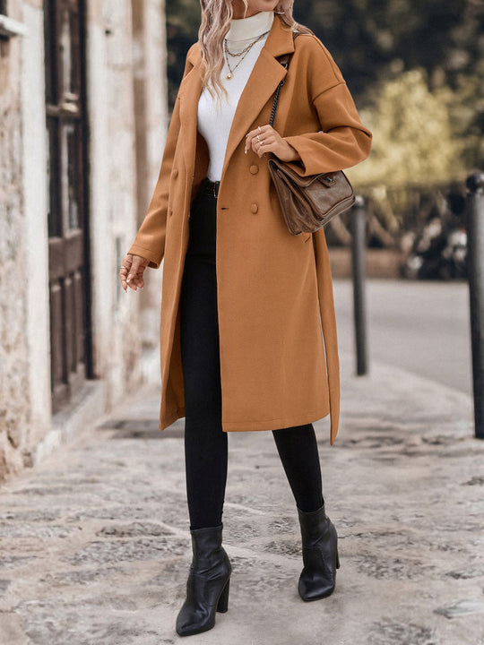 Elegant Belted Waist Mid-length Woolen Coat