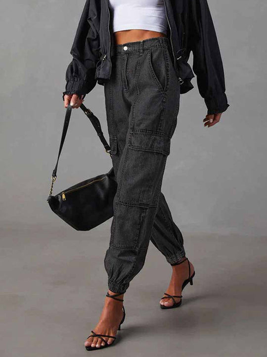 Fashion Casual Elastic Waist Loose Cargo Jeans