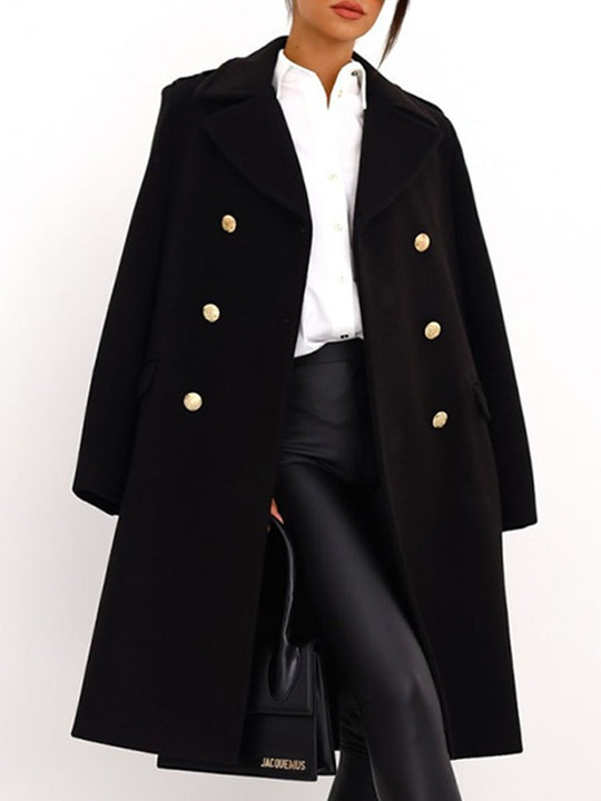 Lapel Double-breasted Simple Long-sleeved Woolen Coat