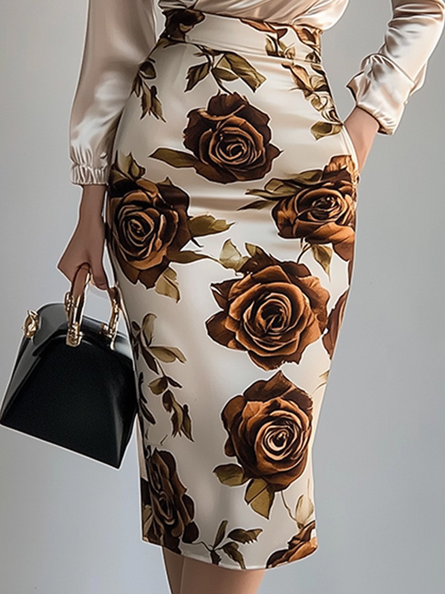 Wrap Satin Shirt and Floral Pencil Dress