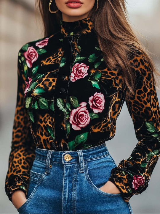 Leopard Floral Print Velvet Blouse