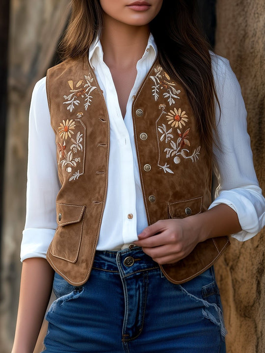 Retro Daisy Embroidery Pockets with Flap Suede Vest