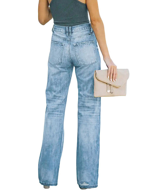 Stretch Washed Ripped Wide-leg Jeans