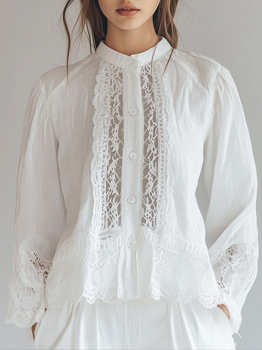 White Stand Collar Lace Hollow Cotton and Linen Long-sleeved Shirt