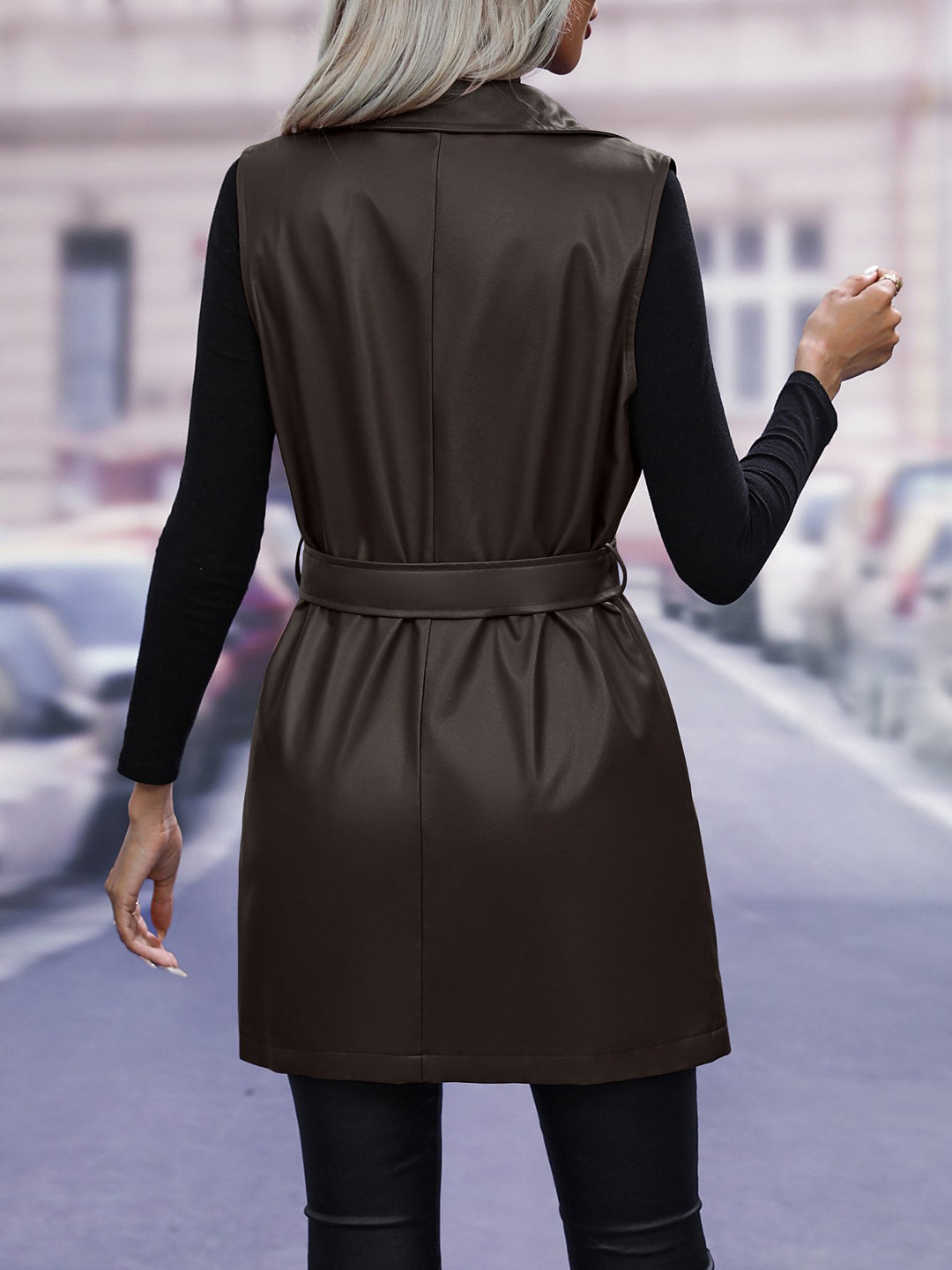 Stylish Belt Mid-length Leather Waistcoat