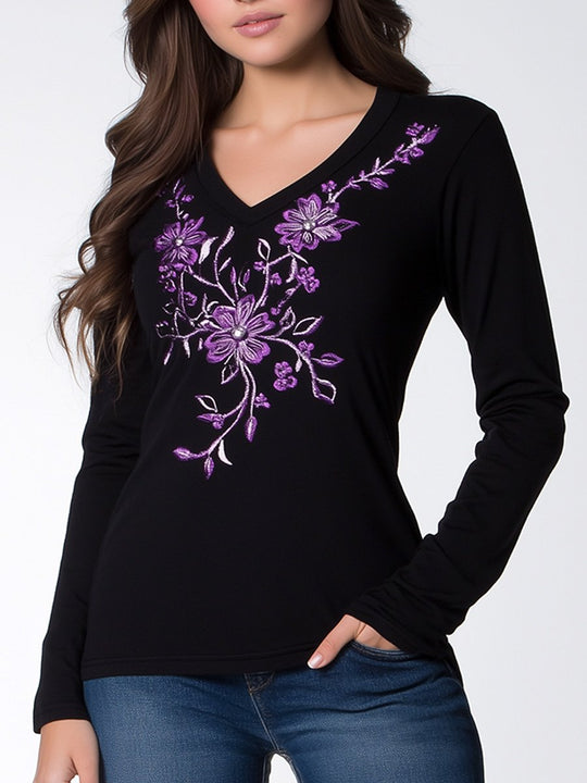 Casual V-neck Pure Cotton Embroidered Slim Fit Long Sleeve T-shirt