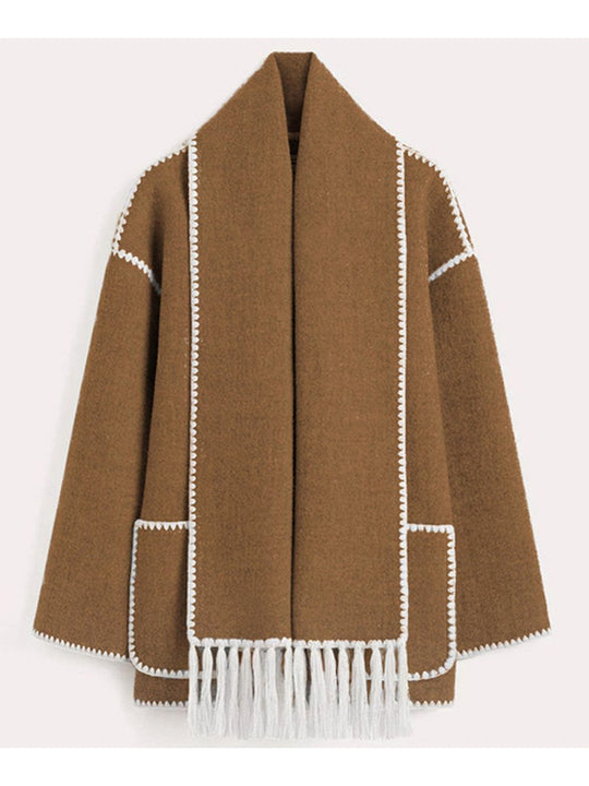 Fashionable Thickened Loose Scarf Tassel Woolen Coat