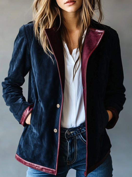 Women's Casual Lapel Leather Trim Suede Long Jacket