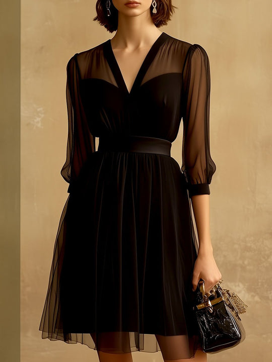 Chic V-neck Sheer Sleeve Chiffon Midi Dress