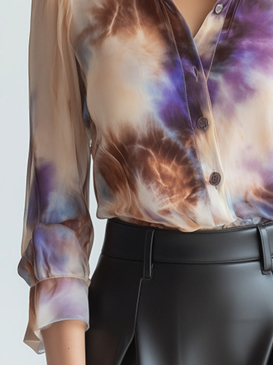 Elegant Tie-dye Satin Long-sleeved Shirt