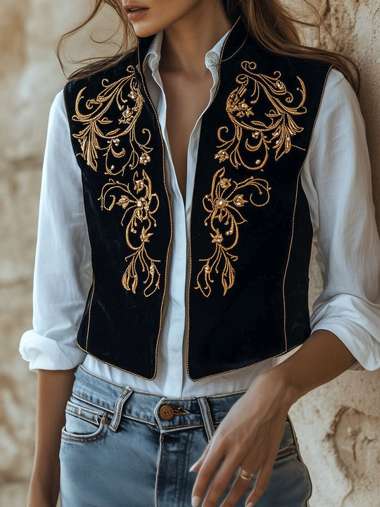 Boho Stand Collar Gold Thread Embroidery Suede Vest