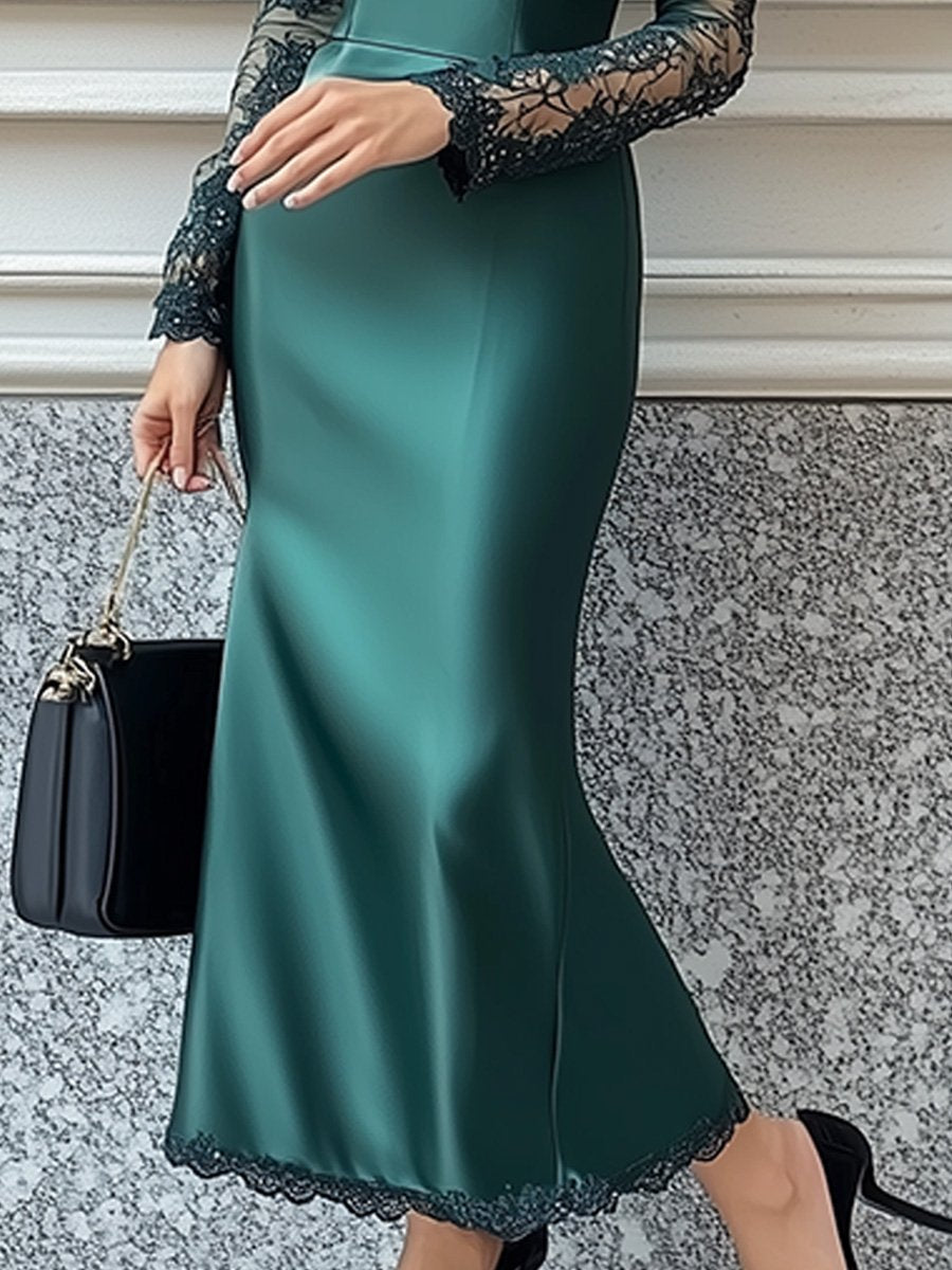 Emerald Satin Maxi Dress with Lace Sleeves