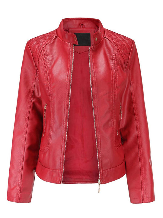 Women's Stand Collar Diamond Leather Biker Jacket