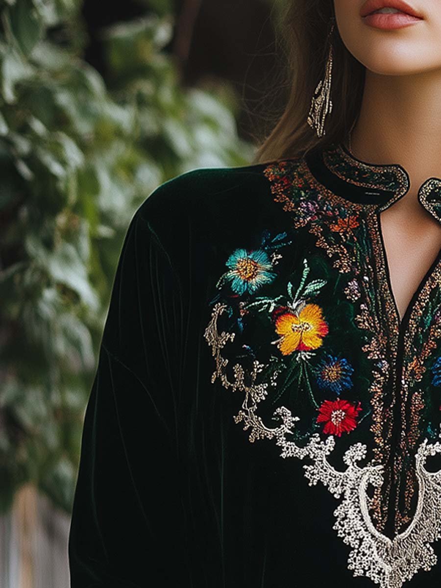 Women's Vintage Velvet Embroidered Shirt