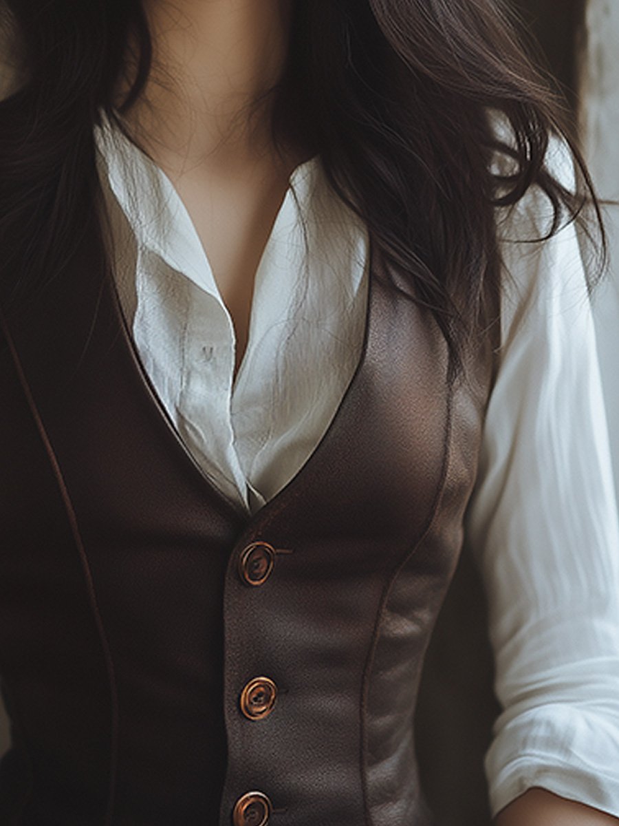 Casual Vintage Waist Button Leather Waistcoat