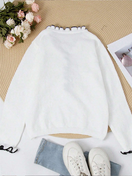 Fashionable Contrasting Ruffled Pearl Button Long-sleeved V-neck Sweater