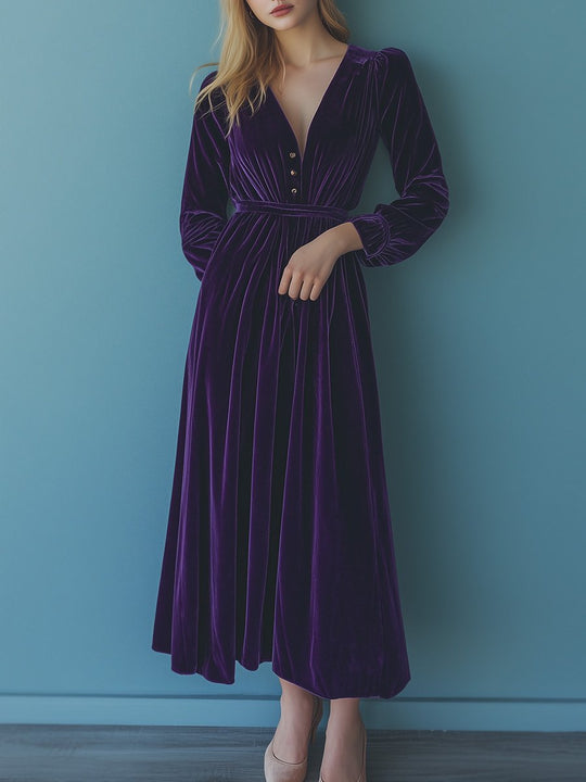 V-neck Vintage Solid Velvet Long Sleeve Maxi Dress