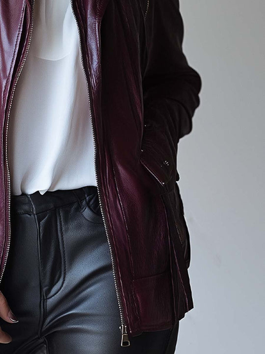 Women's Vintage Burgundy Zipper Leather Jacket