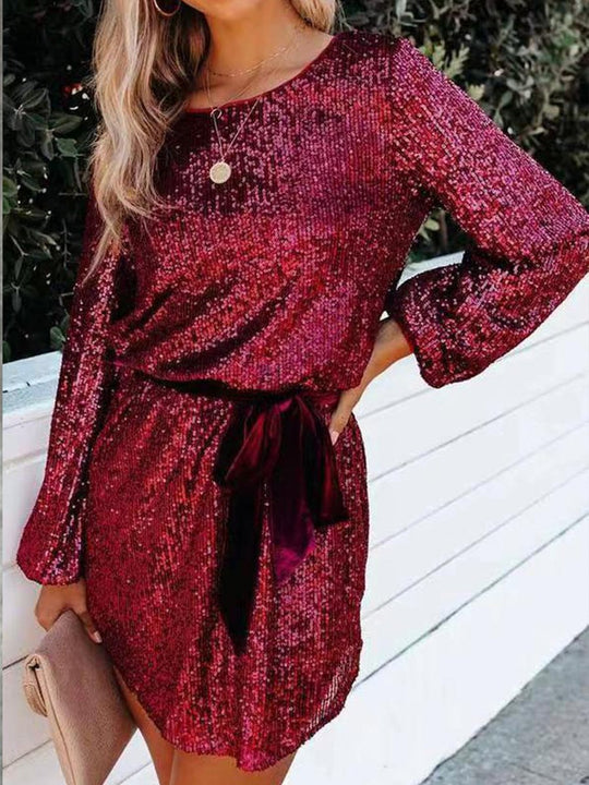 Sequined Fitted Lantern Sleeve Round Neck Belted Dress