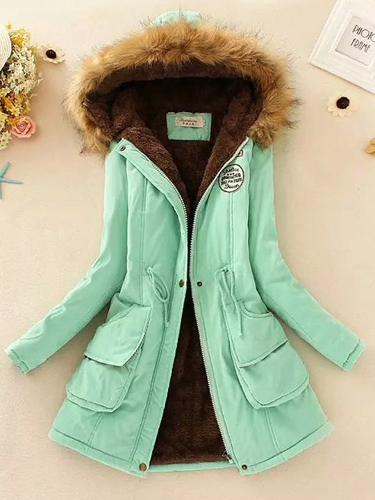 Casual Fur Collar Lambskin Plus Velvet Thickened Loose Mid-length Cotton Coat