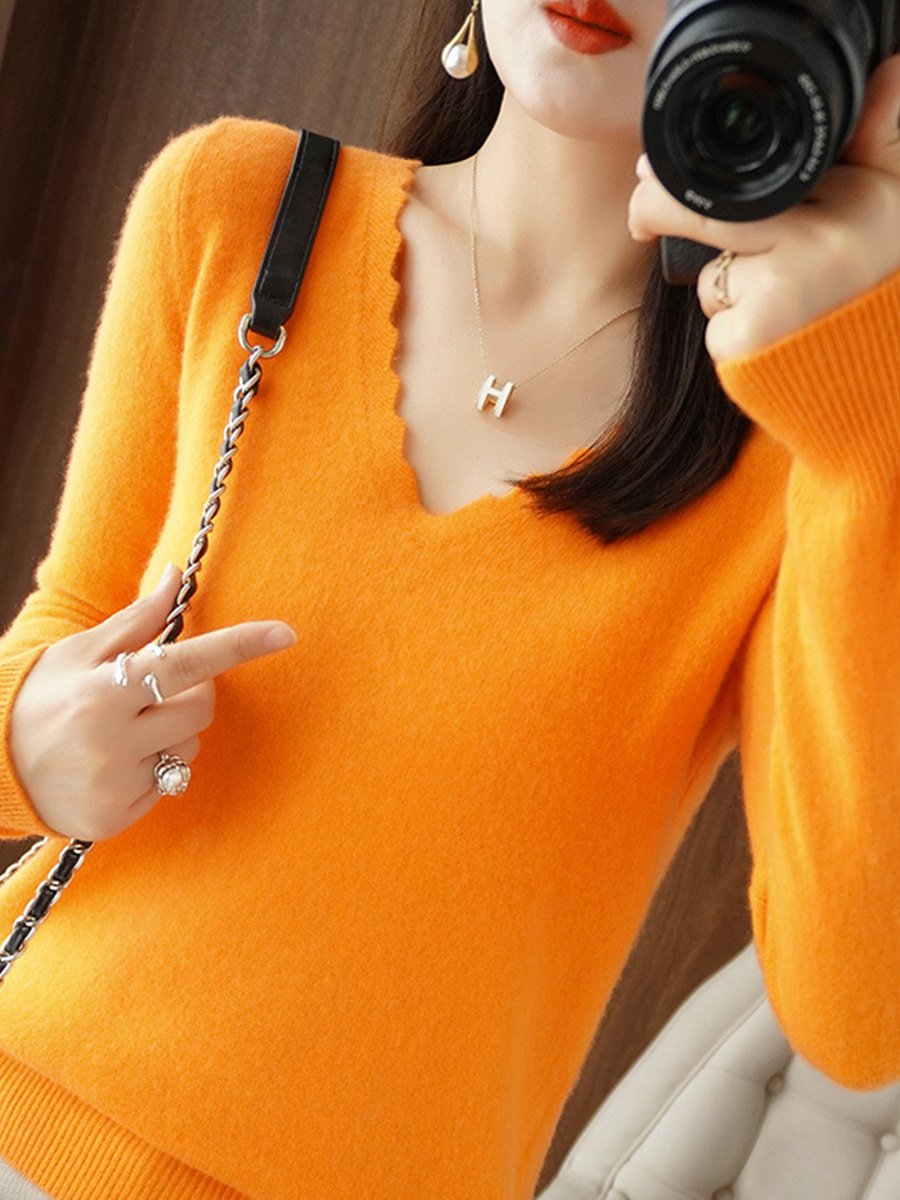 Elegant Lace V-Neck Pullover Warm Solid Color Sweater