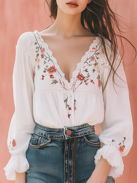 Women's Floral Embroidery Scallop V Neck Cotton Blouse