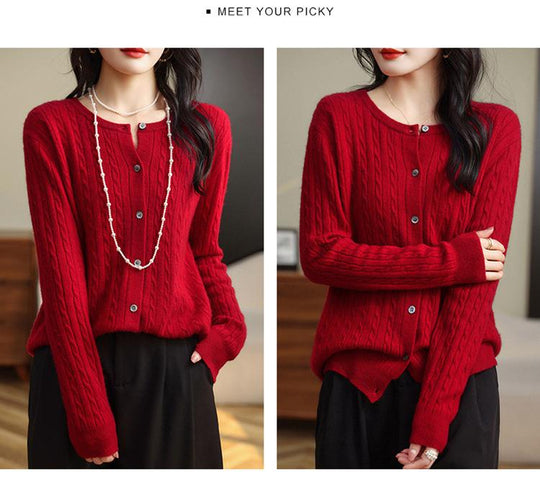 Fashion Round Neck Slim Fit Cable Knit Cardigan