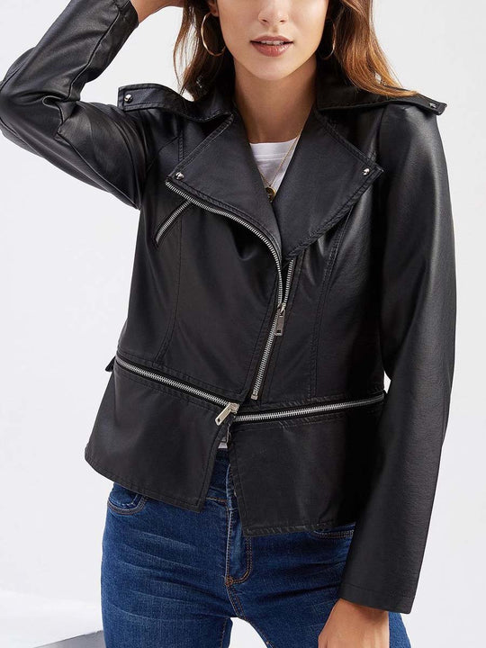 Women's Casual Leather Jacket With Detachable Hem