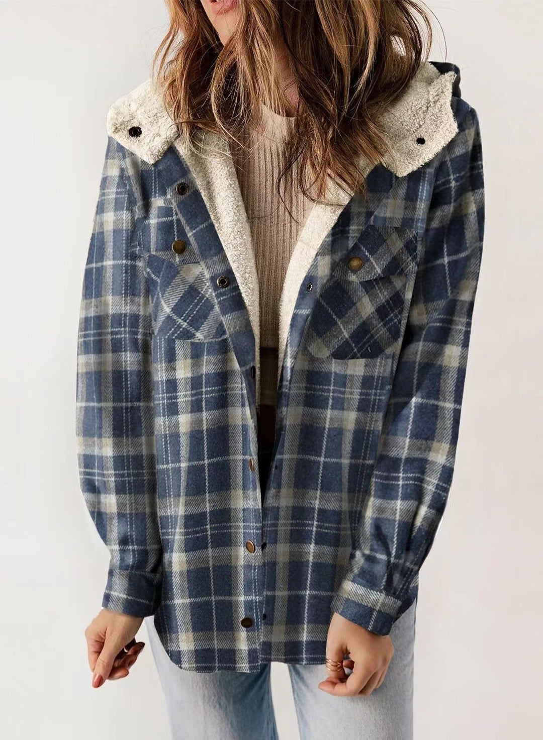 Retro Plaid Woolen Lamb Fleece Lined Thickened Hoodie Jacket