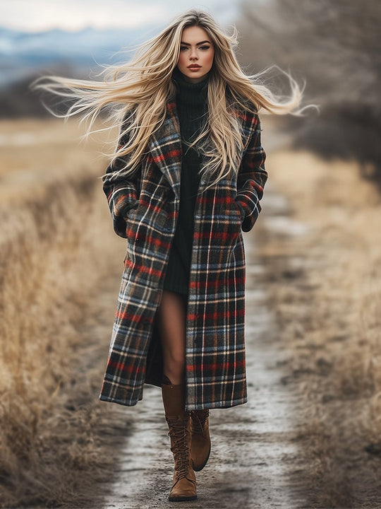 Casual Loose Retro Pocket Woolen Plaid Mid-Length Coat