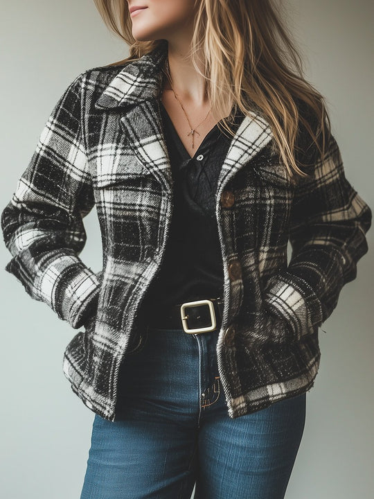 Casual Retro Lapel Black and White Plaid Coat