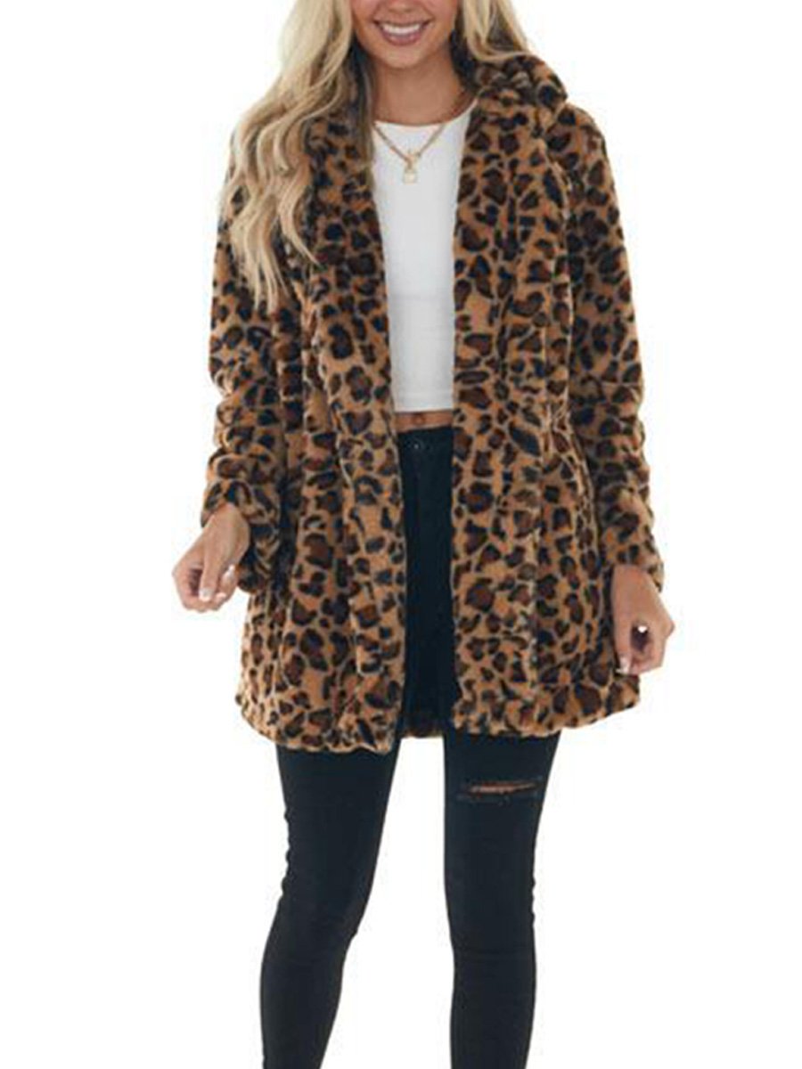 Fashion Leopard Fur Pocket Loose Fur Coat