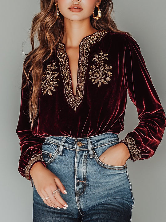 Boho V-neck Golden Embroidery Long Sleeves Velvet Top