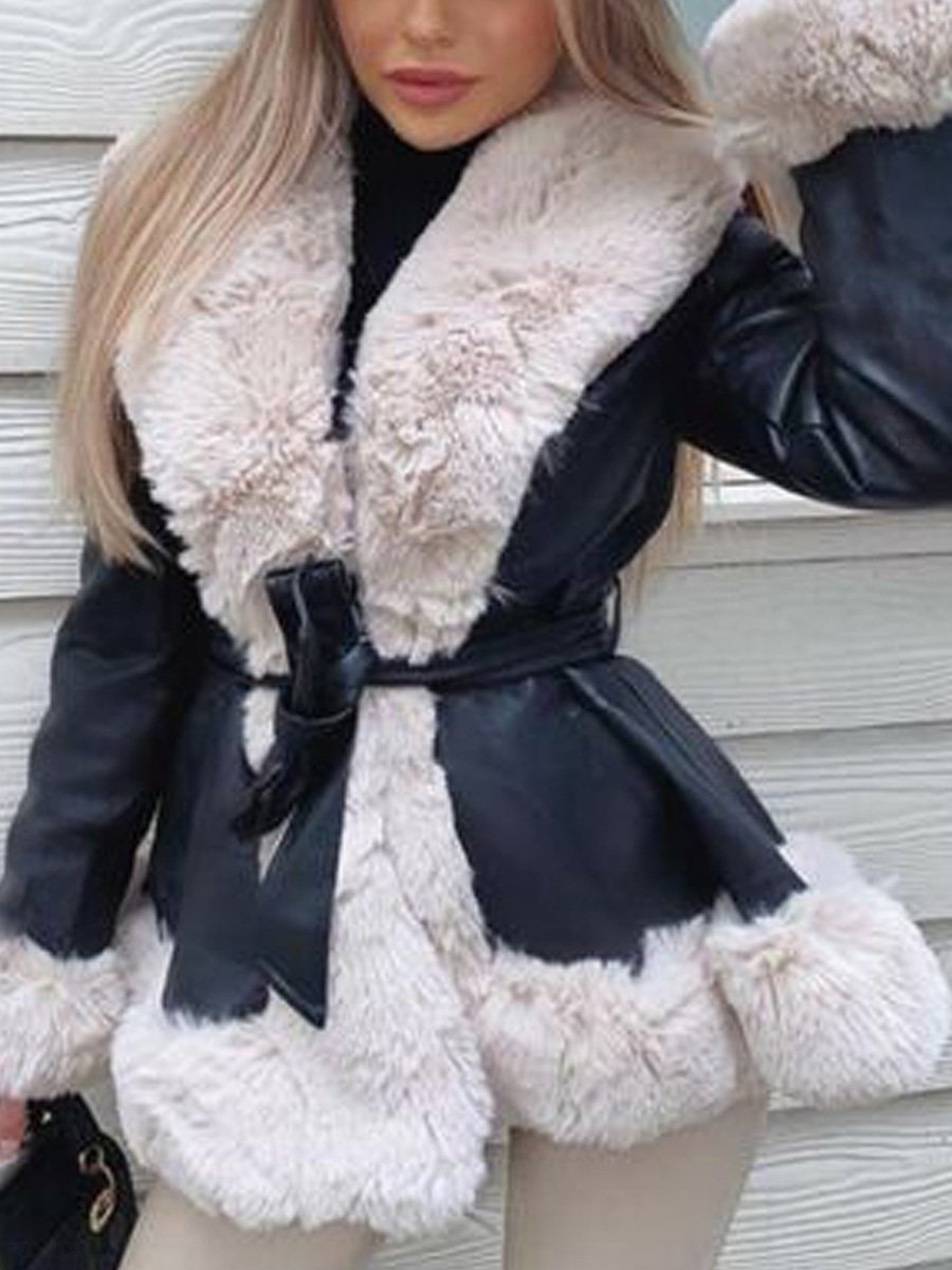 Fashionable Fur Collar Stitching Slim Fit Tie Waist Long Sleeve Leather Jacket