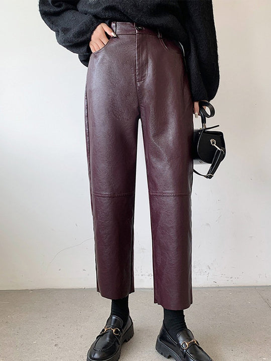 Casual Angora Red Straight Leather Pants