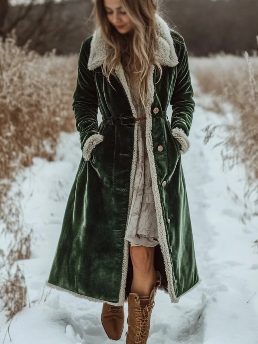 Velvet Oversize Retro Casual Fur Collar Long Coat