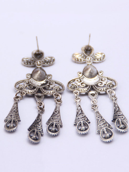 Retro Ethnic Style Hollow Leaf Gemstone Water Drop Tassel Earrings