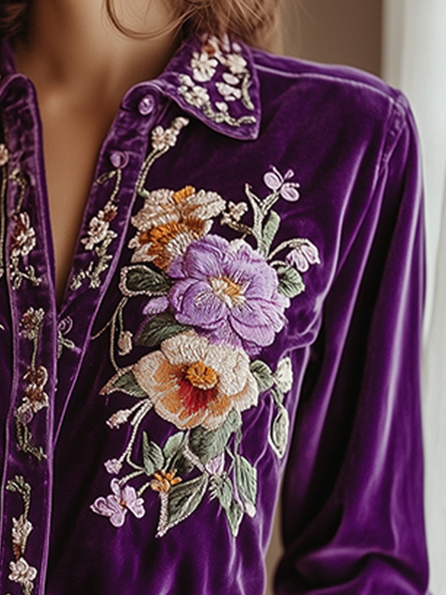 Casual Vintage Loose Embroidered Velvet Shirt