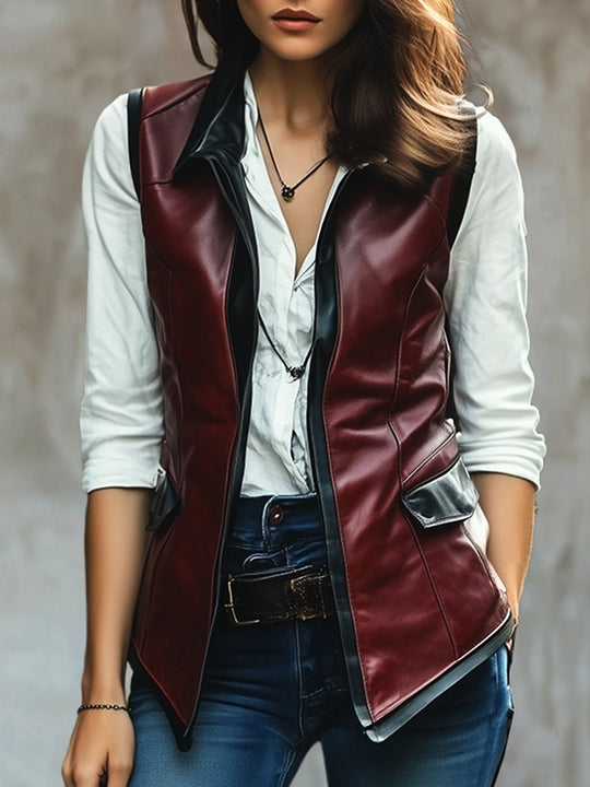 Chic Lapel Constract Trim Pockets Leather Waistcoat