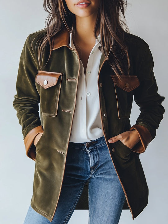 Chic Leather Trim Multiple-pockets Suede Trench Coat