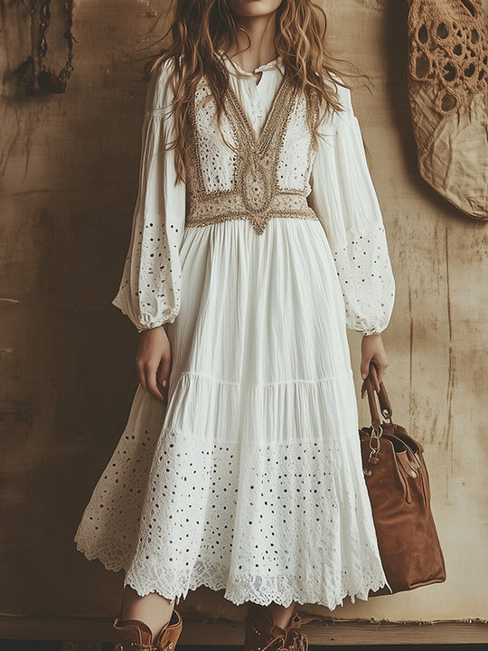 Boho Eyelet Lace Midi Dress