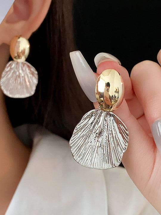 Real Gold and Silver Needle Wrinkled Shell Metal Earrings