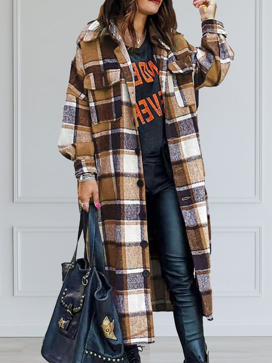 Lapel Side Slit Woolen Plaid Mid-length Coat